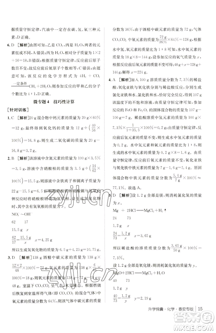 新疆青少年出版社2023升學錦囊九年級全一冊化學泰安專版參考答案