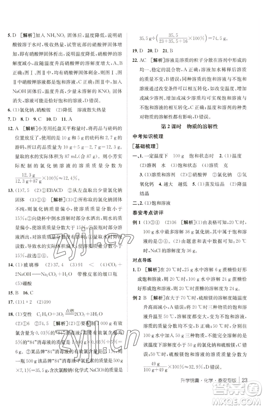 新疆青少年出版社2023升學錦囊九年級全一冊化學泰安專版參考答案
