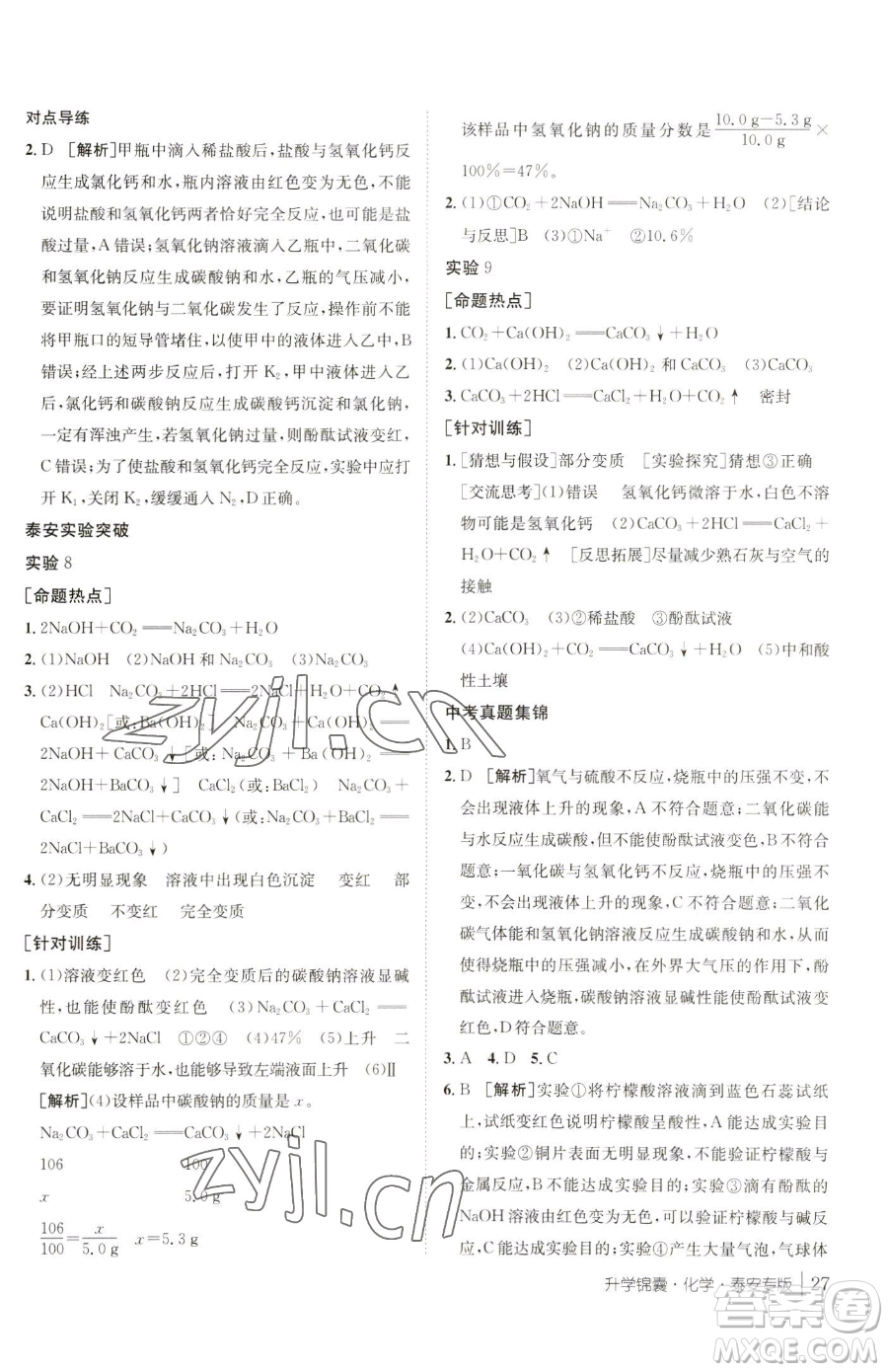 新疆青少年出版社2023升學錦囊九年級全一冊化學泰安專版參考答案