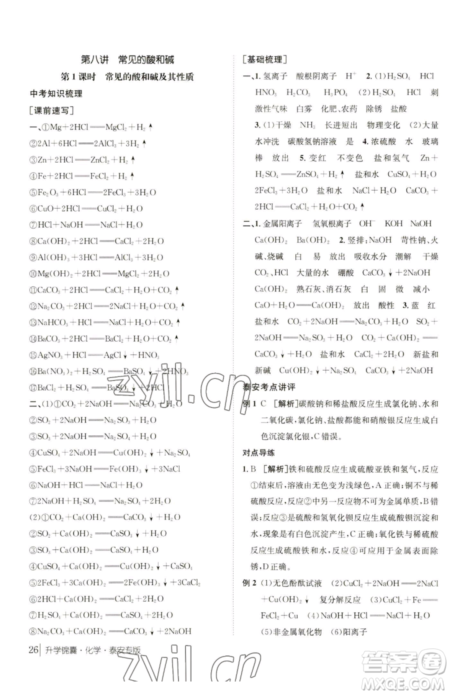 新疆青少年出版社2023升學錦囊九年級全一冊化學泰安專版參考答案