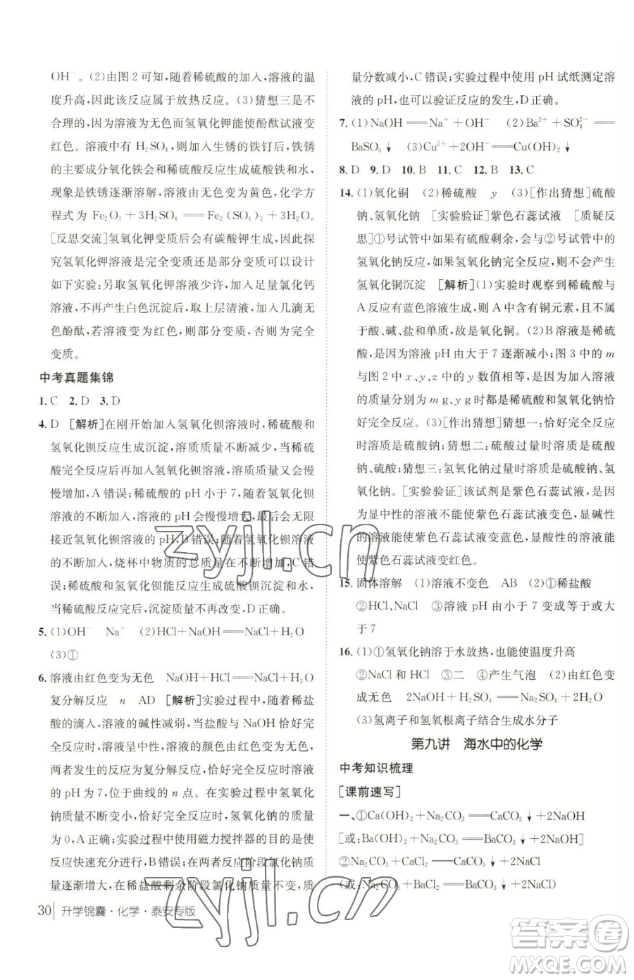 新疆青少年出版社2023升學錦囊九年級全一冊化學泰安專版參考答案