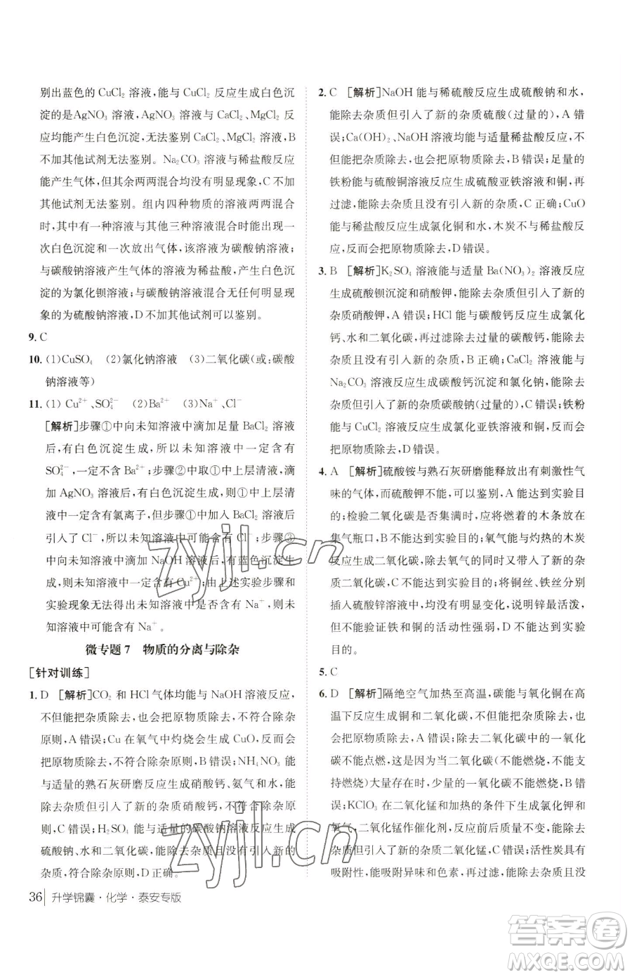 新疆青少年出版社2023升學錦囊九年級全一冊化學泰安專版參考答案