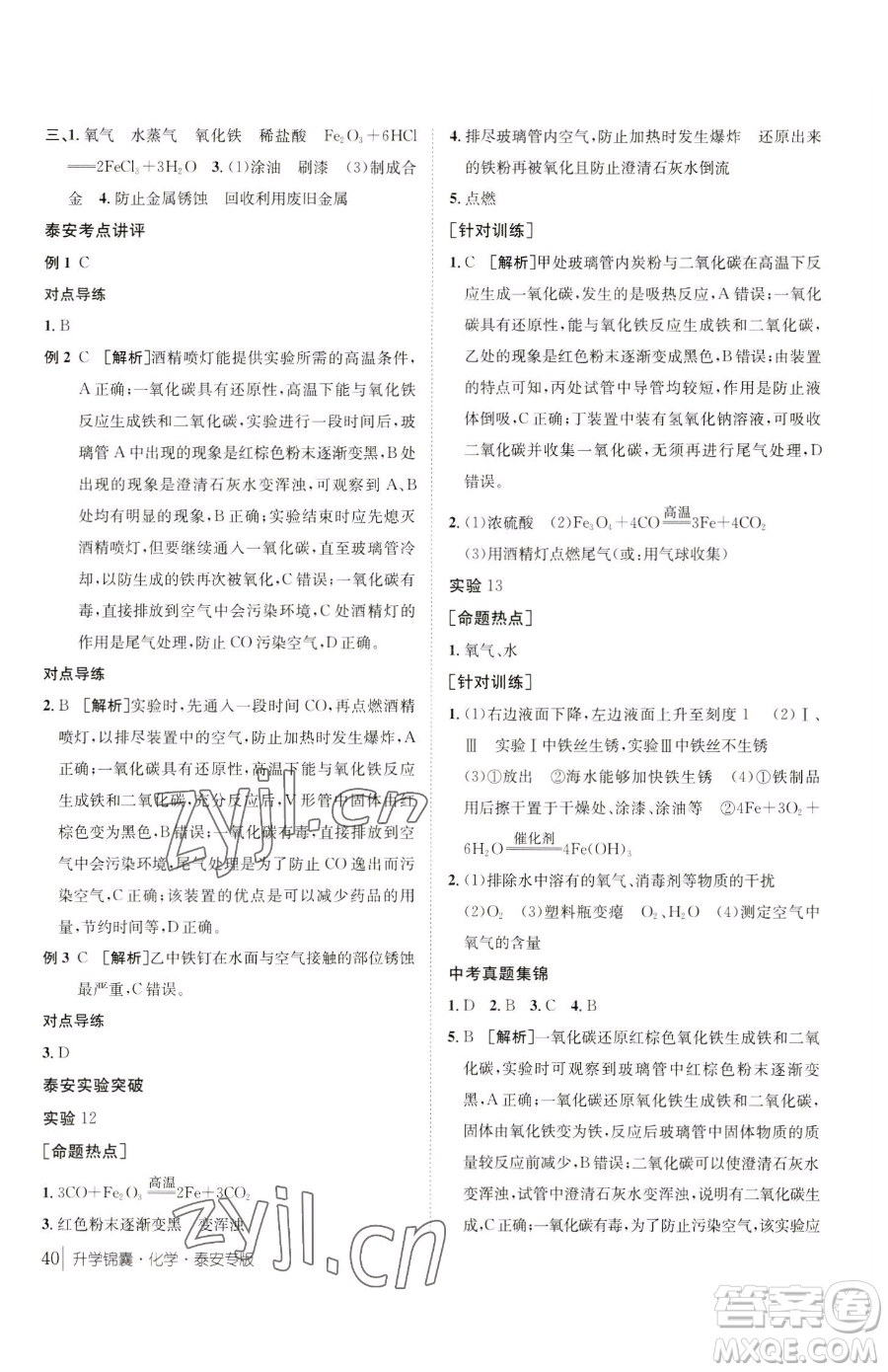 新疆青少年出版社2023升學錦囊九年級全一冊化學泰安專版參考答案