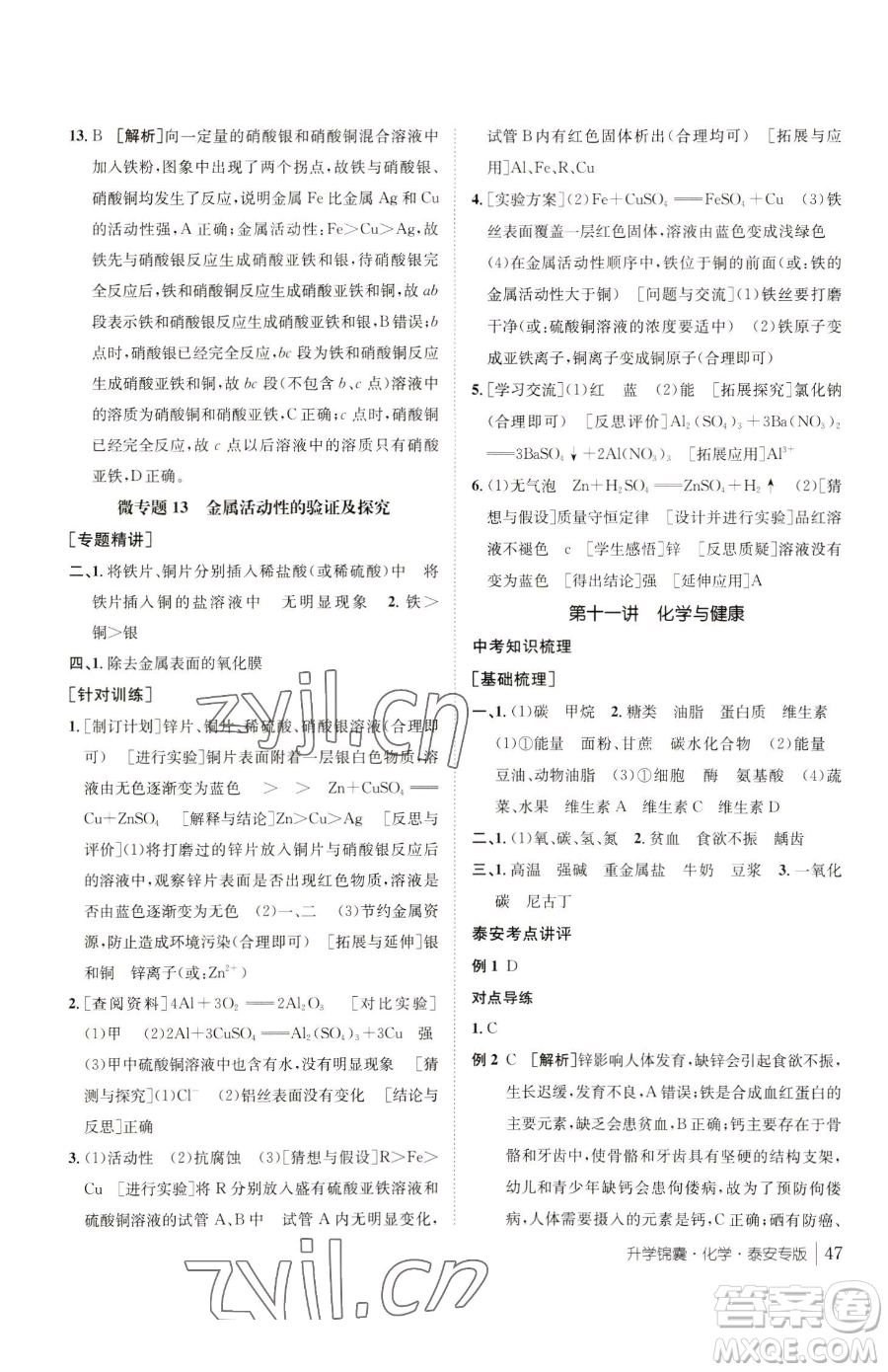 新疆青少年出版社2023升學錦囊九年級全一冊化學泰安專版參考答案