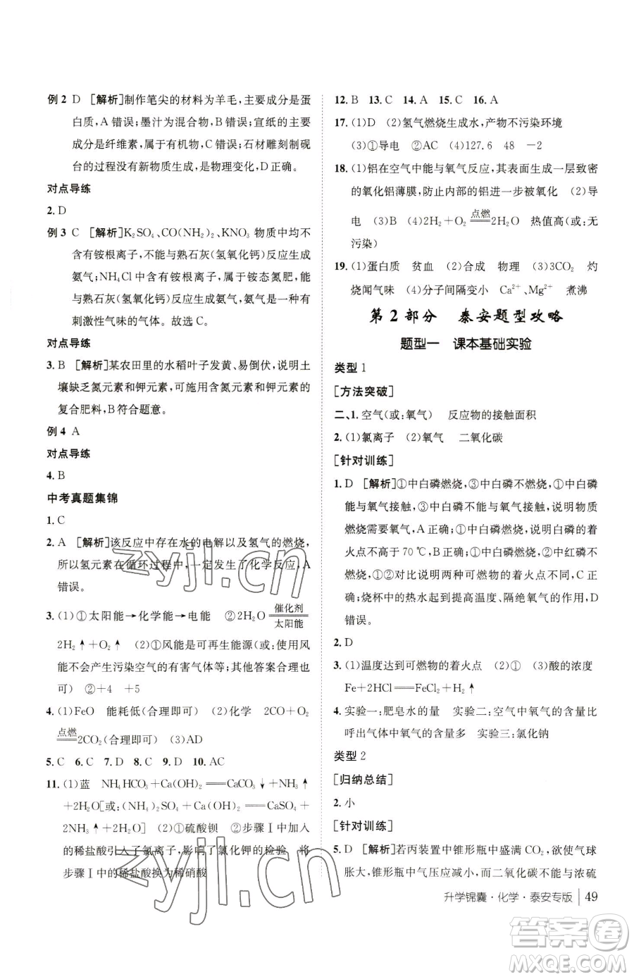新疆青少年出版社2023升學錦囊九年級全一冊化學泰安專版參考答案