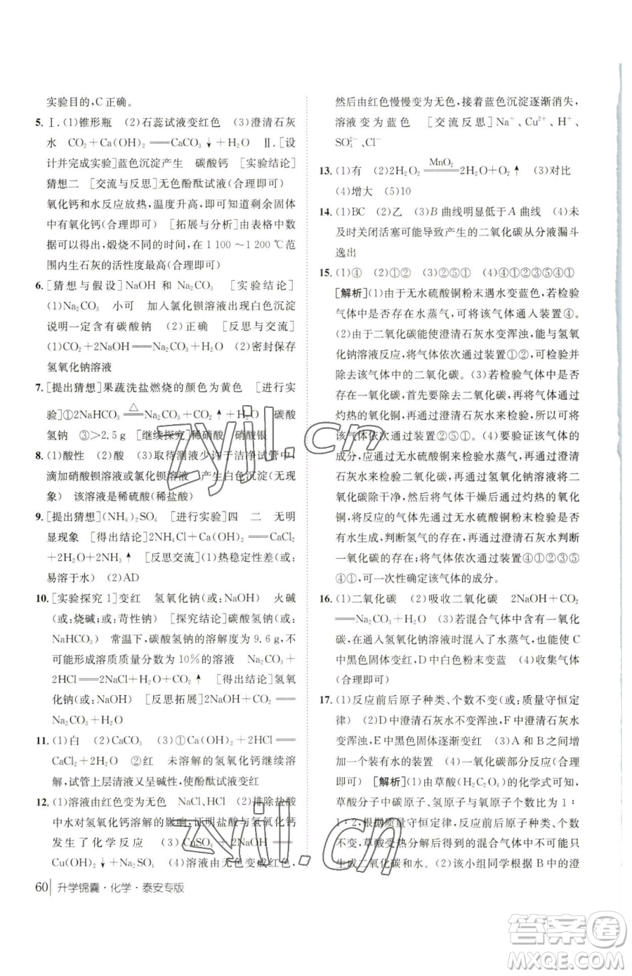 新疆青少年出版社2023升學錦囊九年級全一冊化學泰安專版參考答案