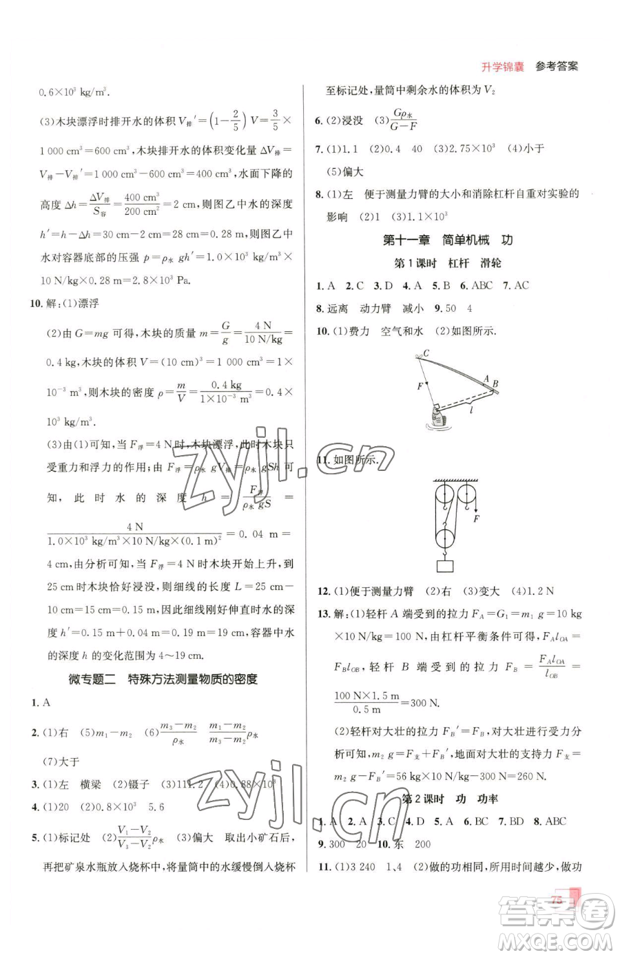 新疆青少年出版社2023升學(xué)錦囊九年級(jí)全一冊(cè)物理青島專版參考答案