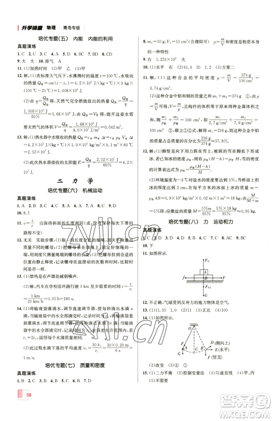 新疆青少年出版社2023升學(xué)錦囊九年級(jí)全一冊(cè)物理青島專版參考答案