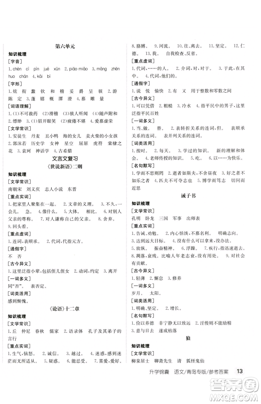 新疆青少年出版社2023升學(xué)錦囊九年級(jí)全一冊(cè)語文青島專版參考答案