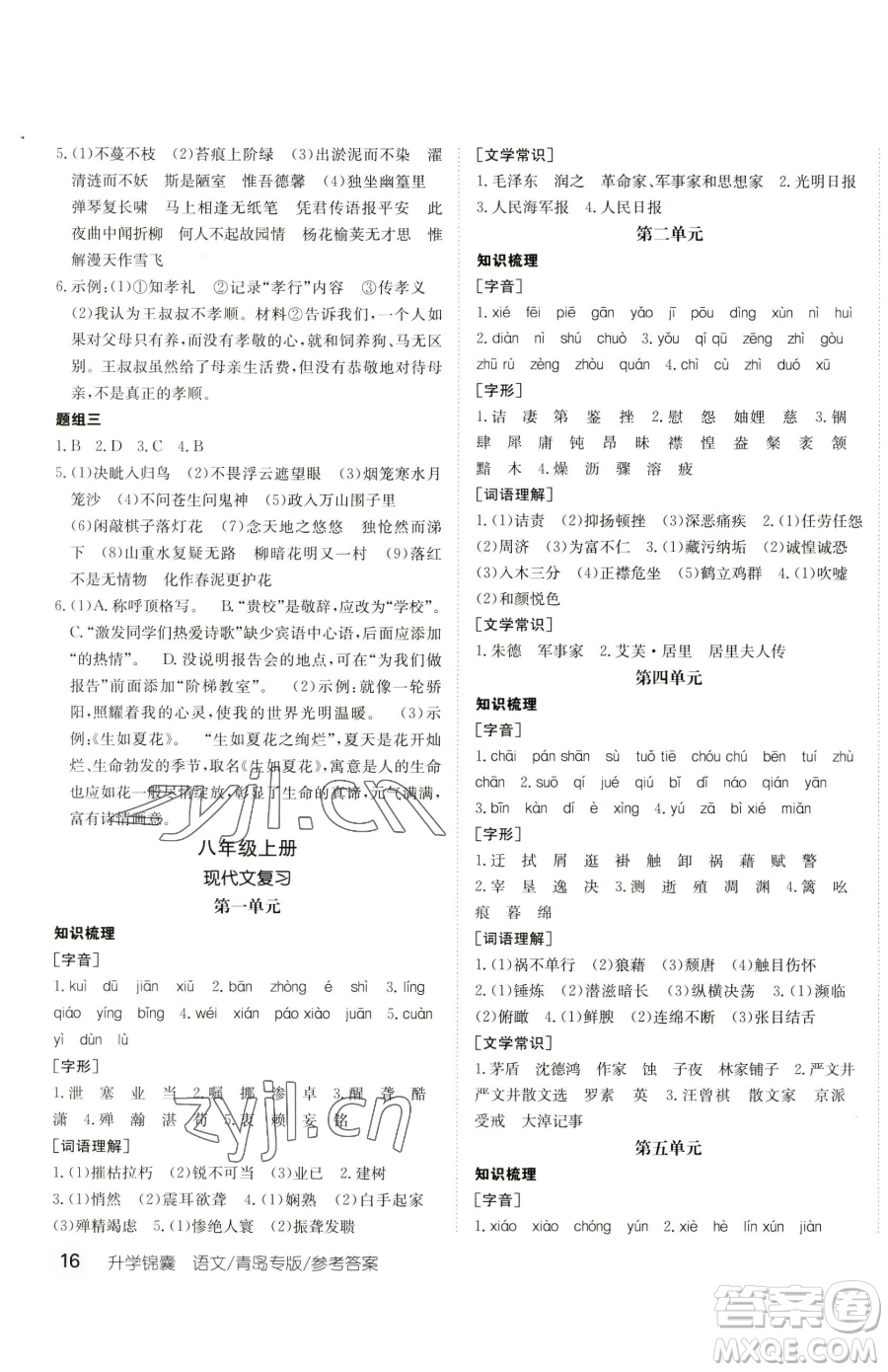 新疆青少年出版社2023升學(xué)錦囊九年級(jí)全一冊(cè)語文青島專版參考答案