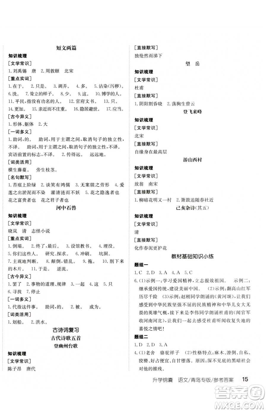 新疆青少年出版社2023升學(xué)錦囊九年級(jí)全一冊(cè)語文青島專版參考答案