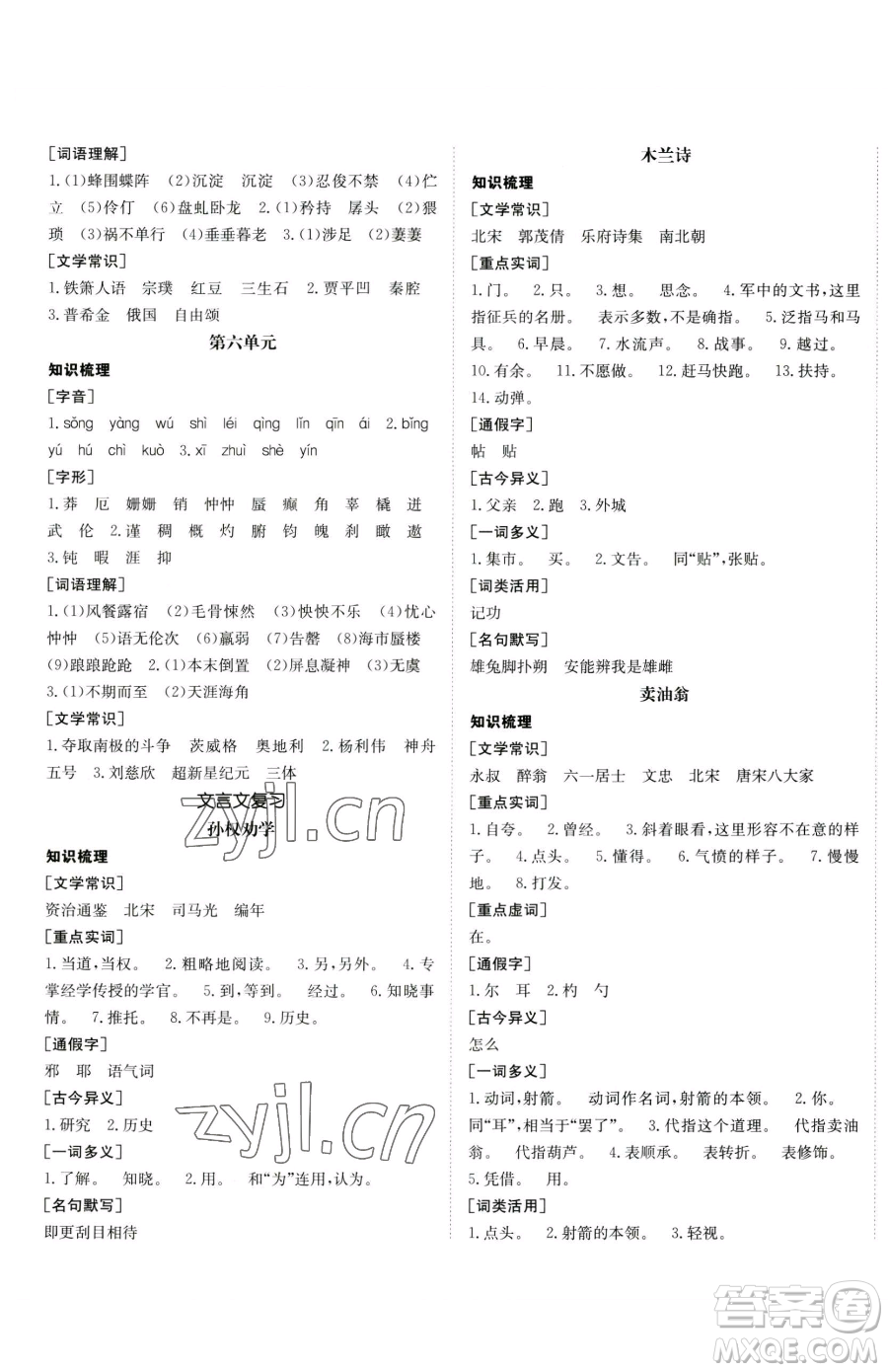新疆青少年出版社2023升學(xué)錦囊九年級(jí)全一冊(cè)語文青島專版參考答案
