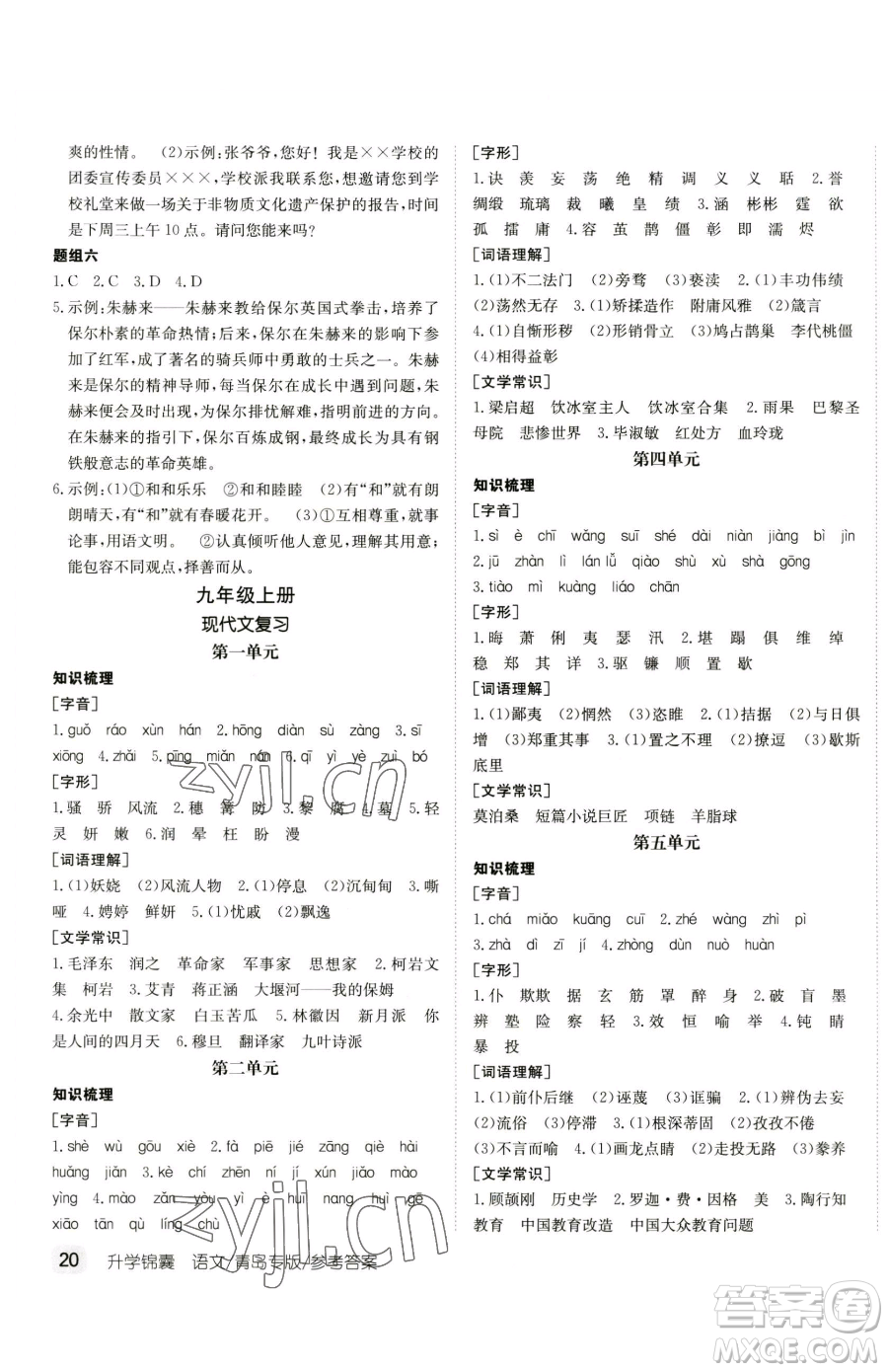 新疆青少年出版社2023升學(xué)錦囊九年級(jí)全一冊(cè)語文青島專版參考答案