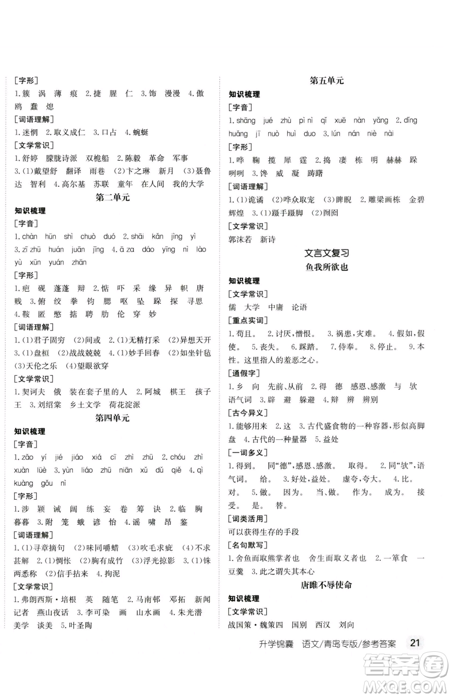 新疆青少年出版社2023升學(xué)錦囊九年級(jí)全一冊(cè)語文青島專版參考答案
