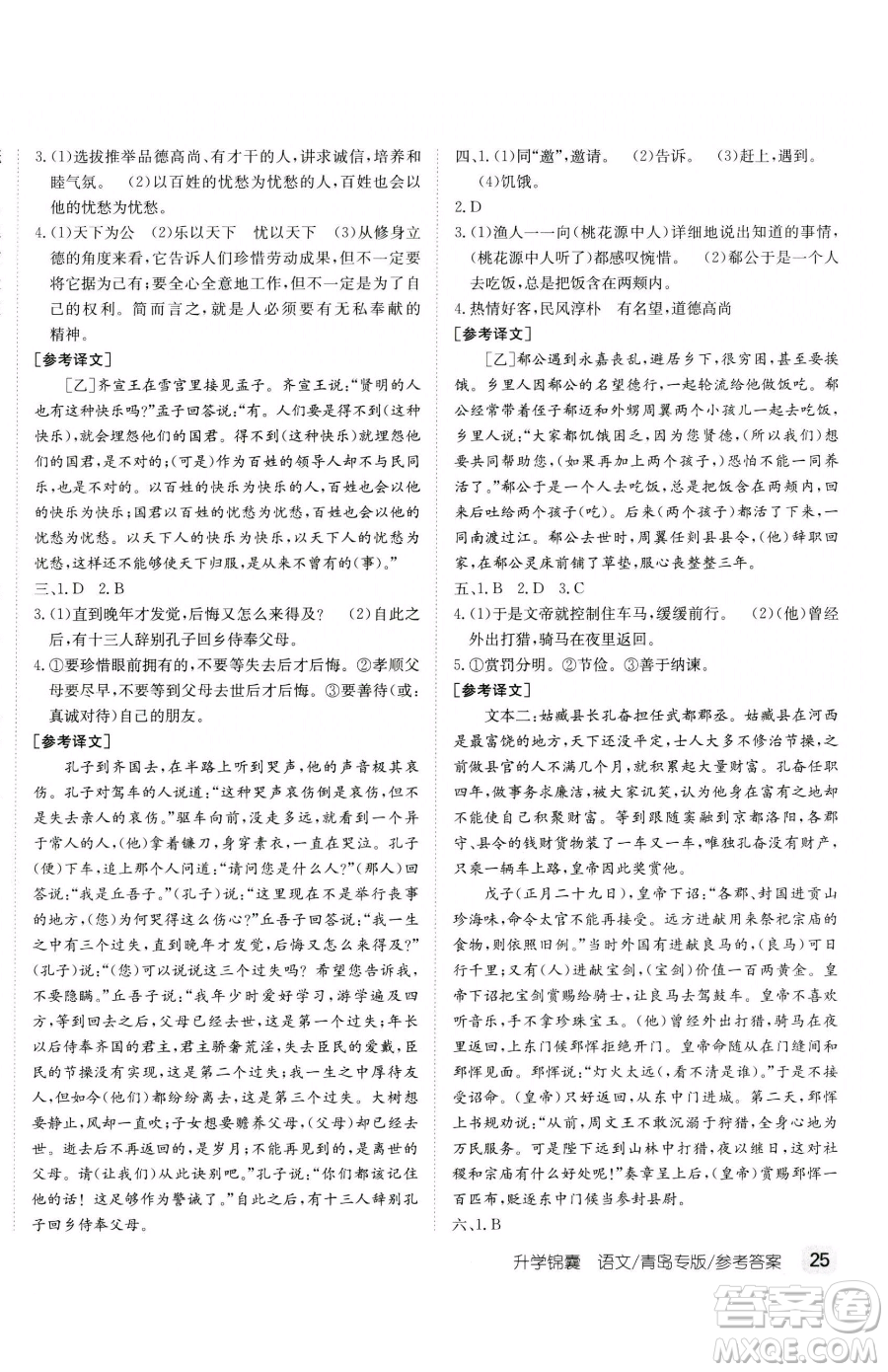 新疆青少年出版社2023升學(xué)錦囊九年級(jí)全一冊(cè)語文青島專版參考答案