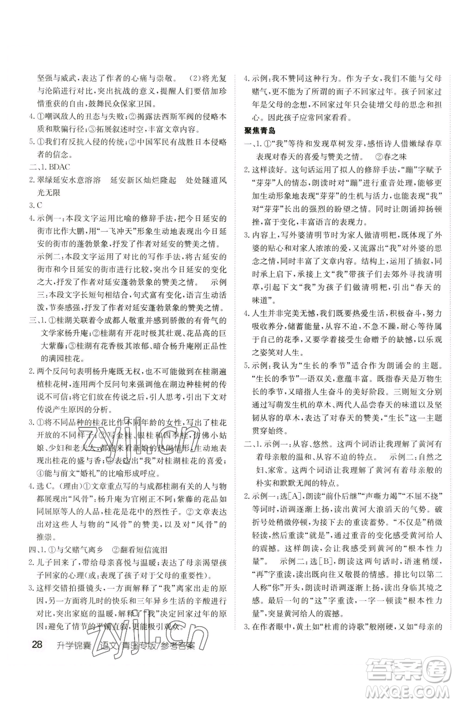 新疆青少年出版社2023升學(xué)錦囊九年級(jí)全一冊(cè)語文青島專版參考答案