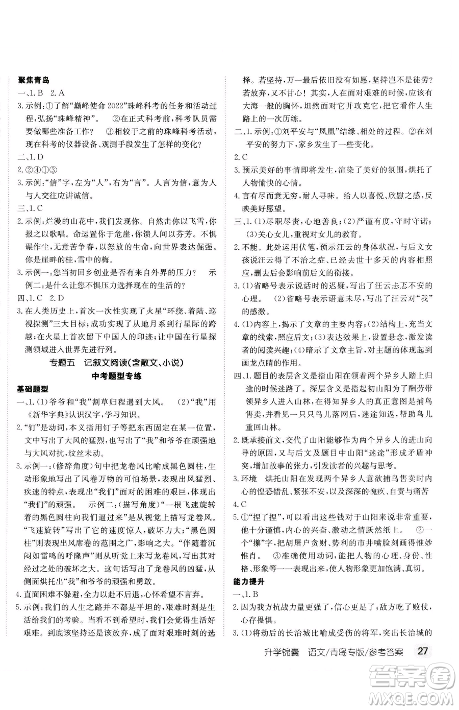 新疆青少年出版社2023升學(xué)錦囊九年級(jí)全一冊(cè)語文青島專版參考答案