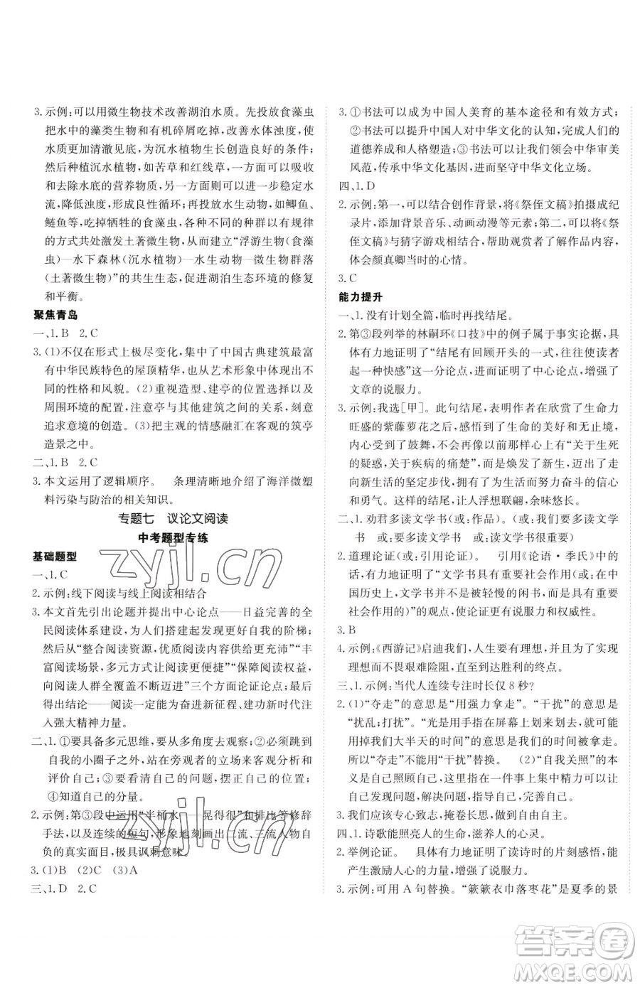 新疆青少年出版社2023升學(xué)錦囊九年級(jí)全一冊(cè)語文青島專版參考答案