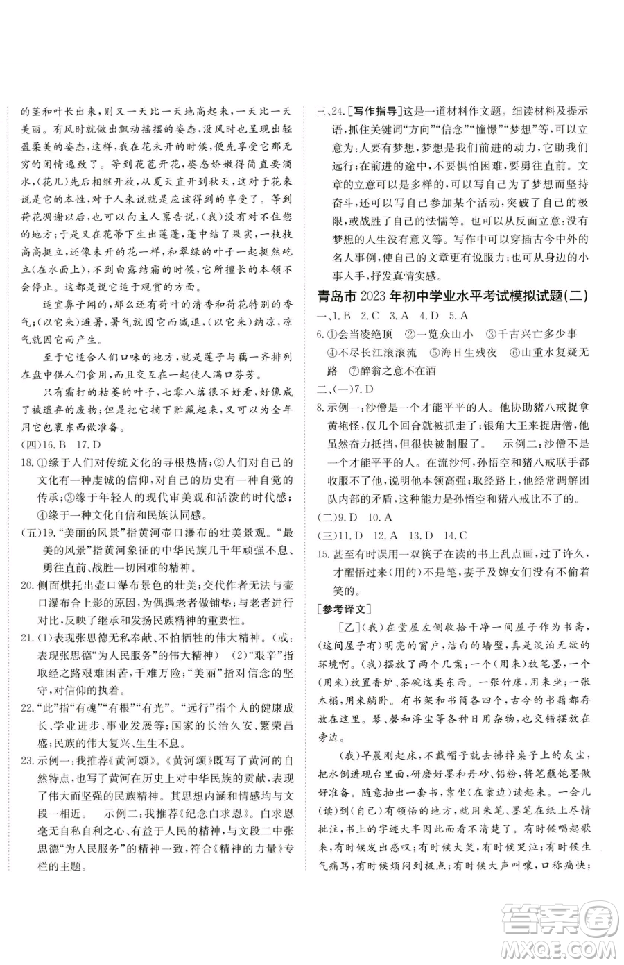新疆青少年出版社2023升學(xué)錦囊九年級(jí)全一冊(cè)語文青島專版參考答案