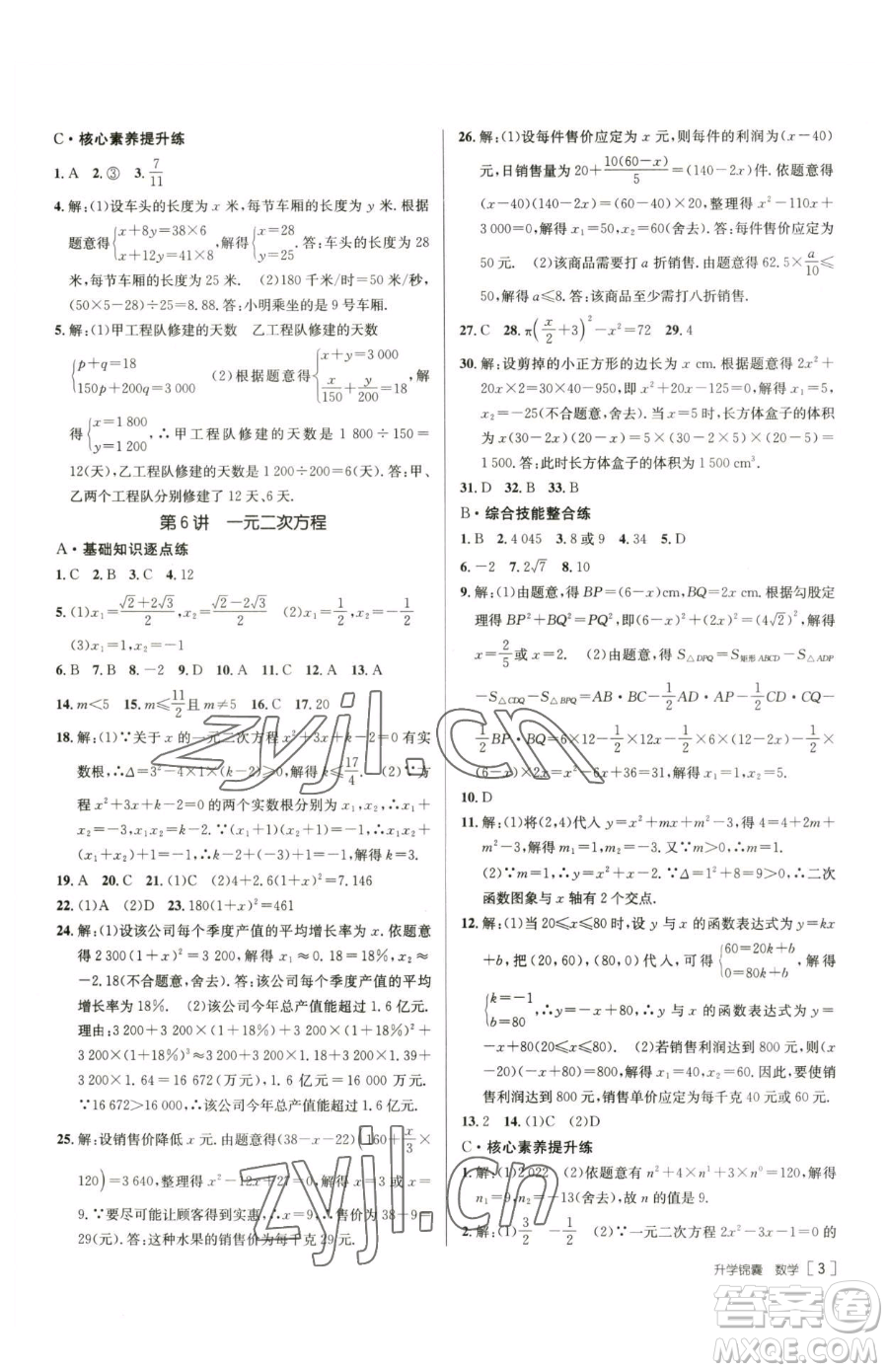 新疆青少年出版社2023升學(xué)錦囊九年級全一冊數(shù)學(xué)青島專版參考答案