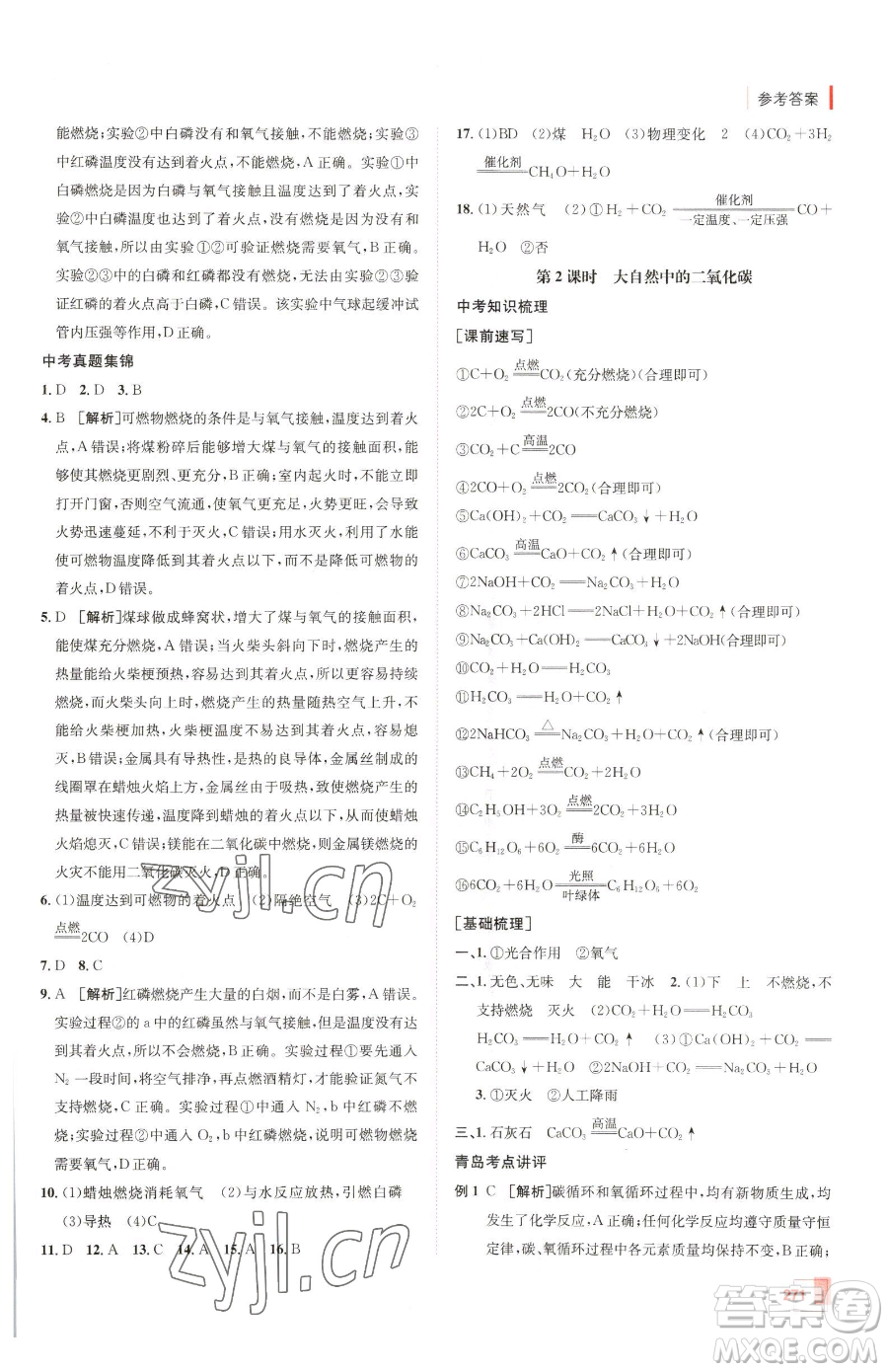 新疆青少年出版社2023升學(xué)錦囊九年級(jí)全一冊(cè)化學(xué)青島專(zhuān)版參考答案