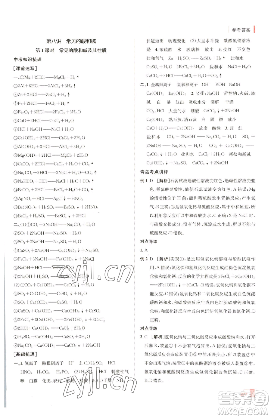新疆青少年出版社2023升學(xué)錦囊九年級(jí)全一冊(cè)化學(xué)青島專(zhuān)版參考答案