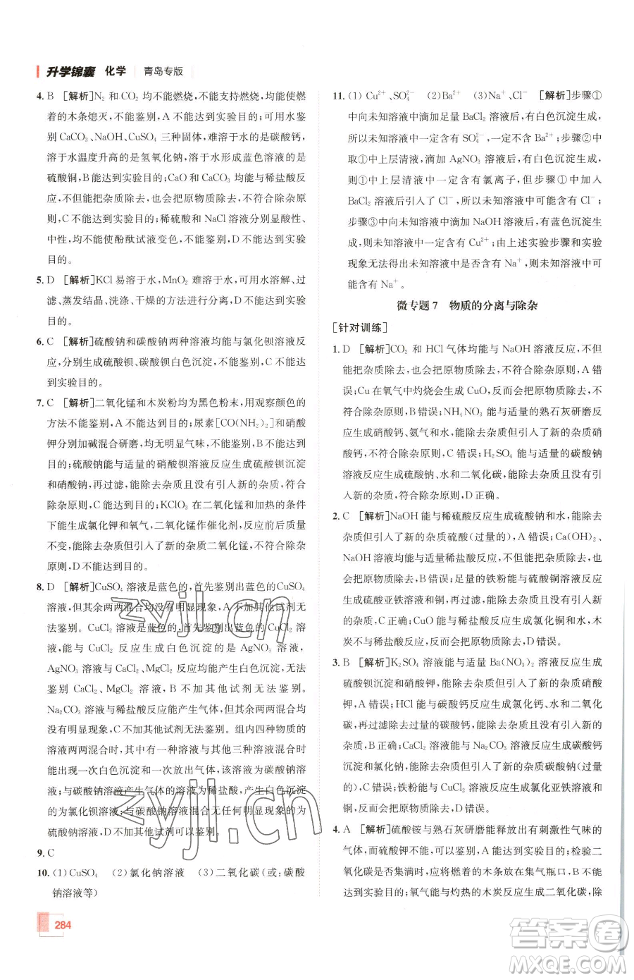 新疆青少年出版社2023升學(xué)錦囊九年級(jí)全一冊(cè)化學(xué)青島專(zhuān)版參考答案