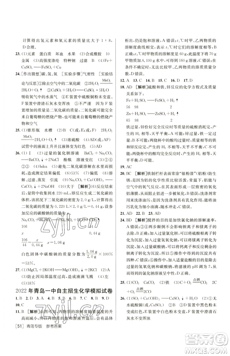 新疆青少年出版社2023升學(xué)錦囊九年級(jí)全一冊(cè)化學(xué)青島專(zhuān)版參考答案