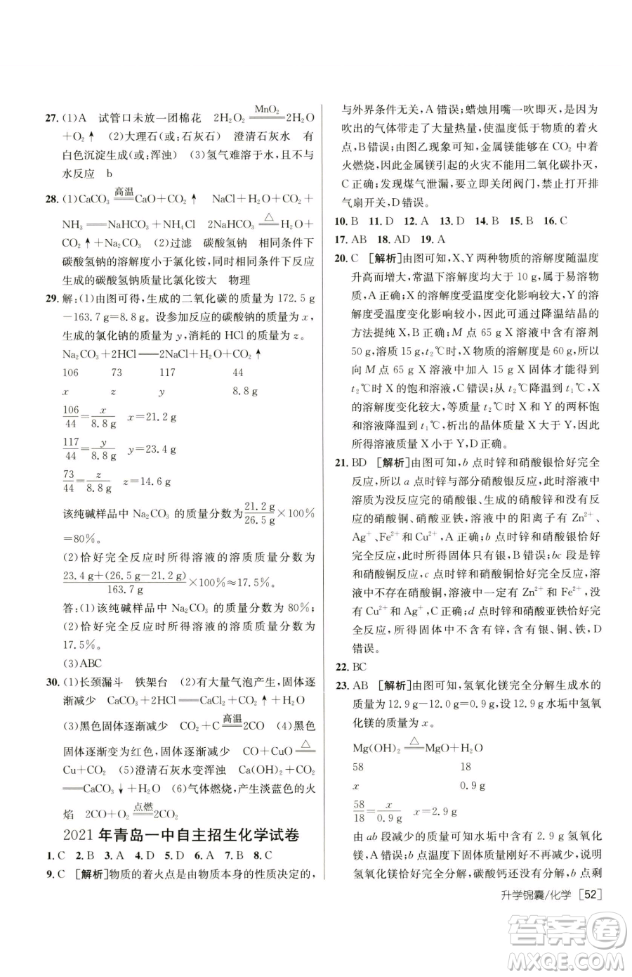 新疆青少年出版社2023升學(xué)錦囊九年級(jí)全一冊(cè)化學(xué)青島專(zhuān)版參考答案