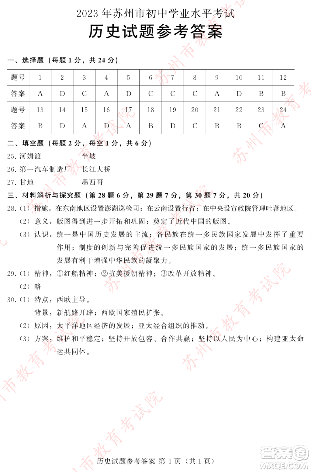 2023蘇州中考歷史試卷答案