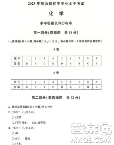 2023陜西中考化學試卷答案