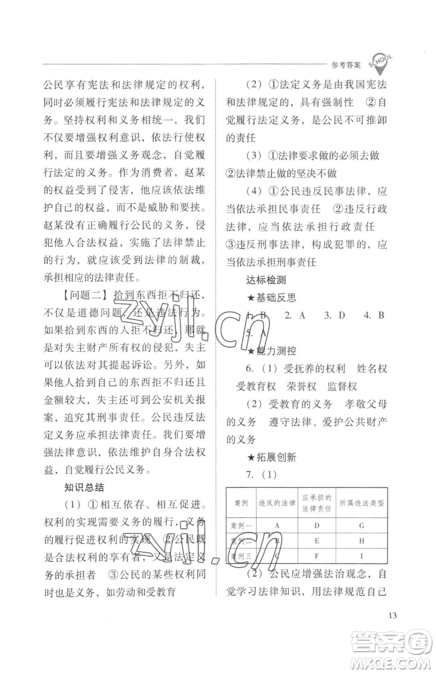 山西教育出版社2023新課程問題解決導學方案八年級下冊道德與法治人教版參考答案