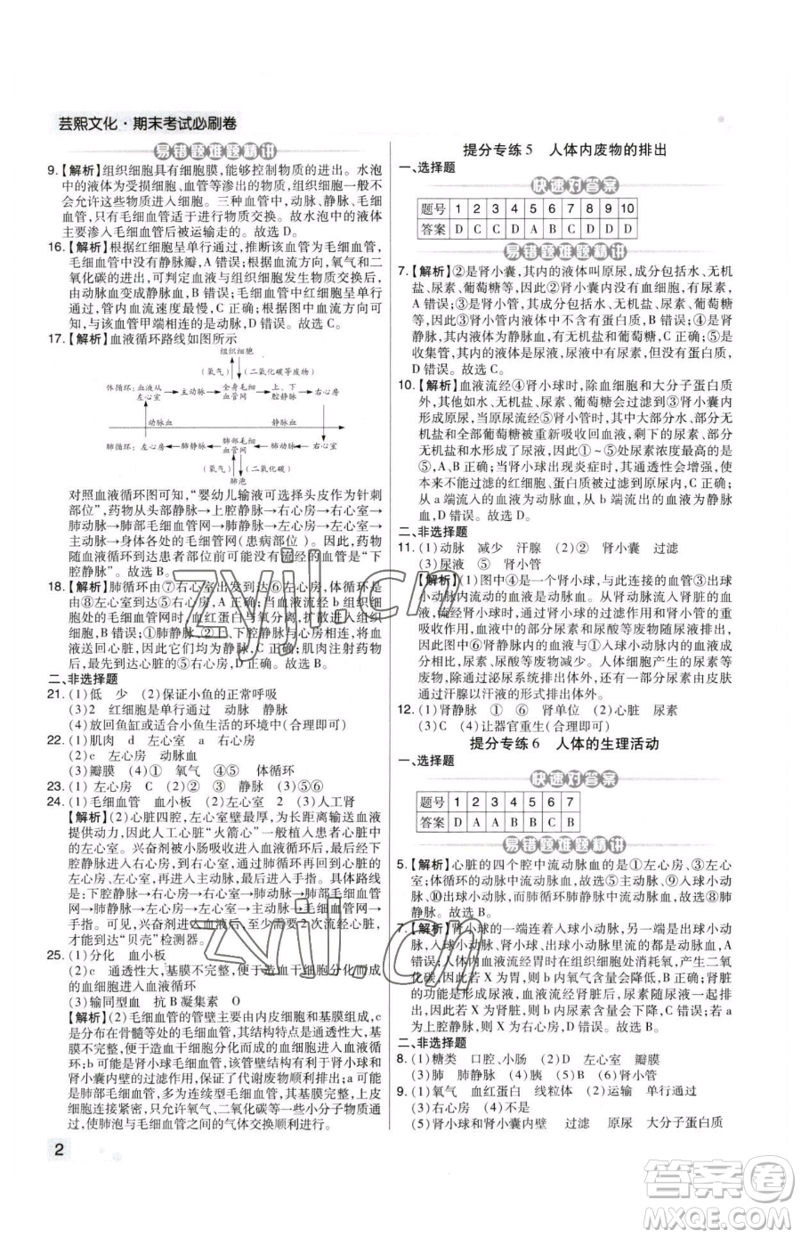 陽光出版社2023期末考試必刷卷七年級下冊生物人教版河南專版參考答案