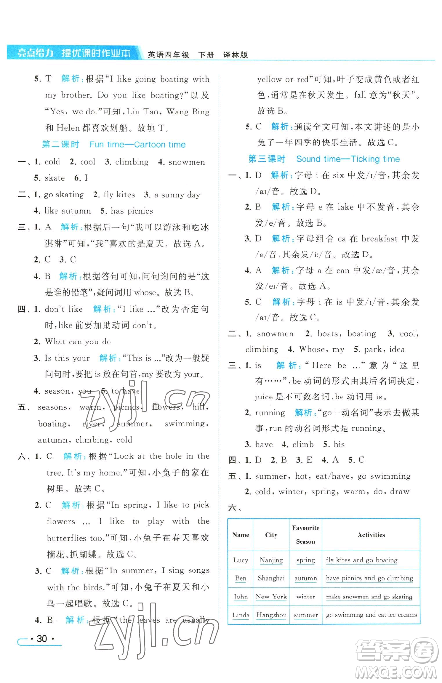 北京教育出版社2023亮點(diǎn)給力提優(yōu)課時(shí)作業(yè)本四年級(jí)下冊(cè)英語(yǔ)譯林版參考答案