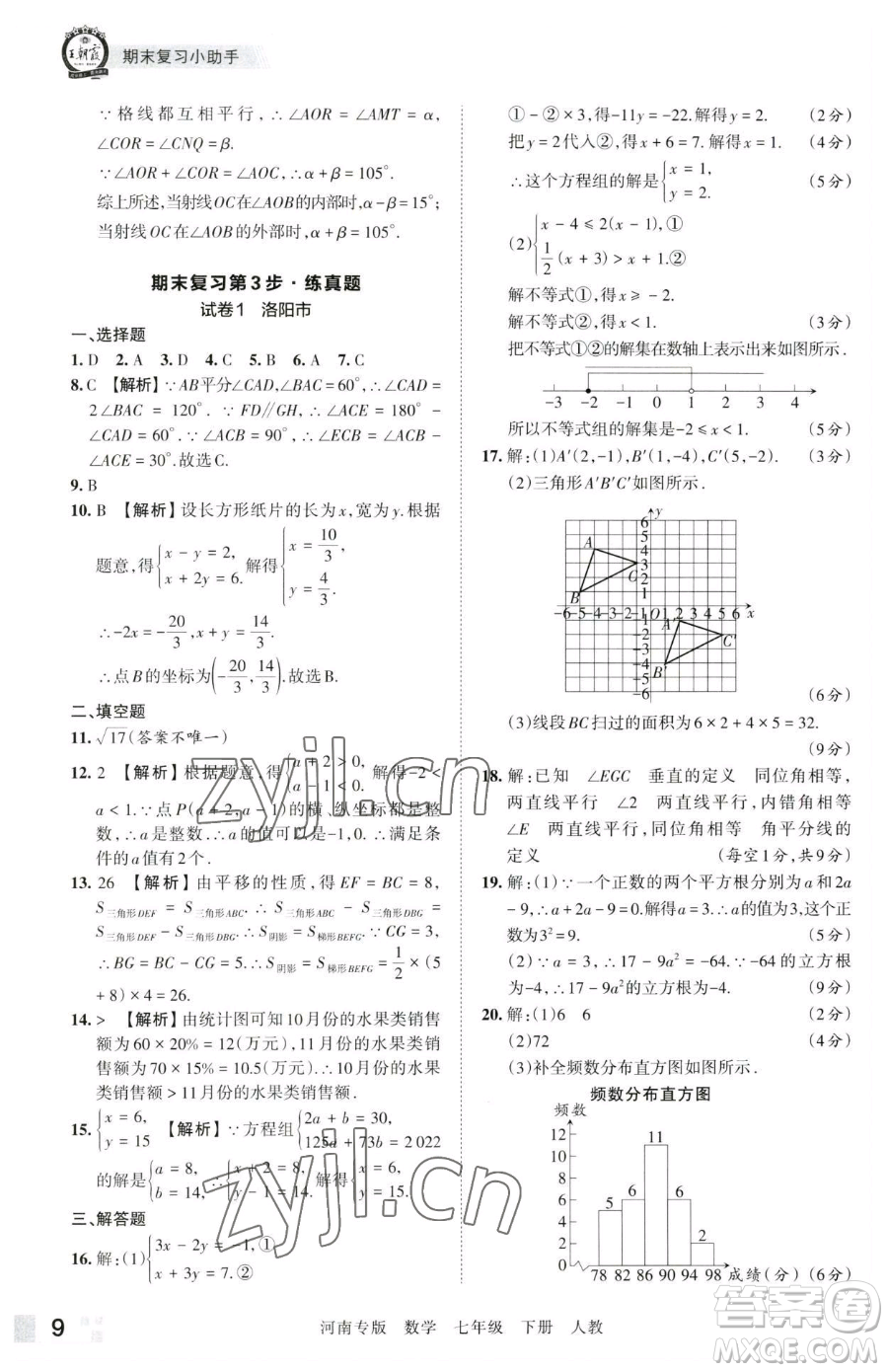 江西人民出版社2023王朝霞各地期末試卷精選七年級(jí)下冊(cè)數(shù)學(xué)人教版河南專版參考答案
