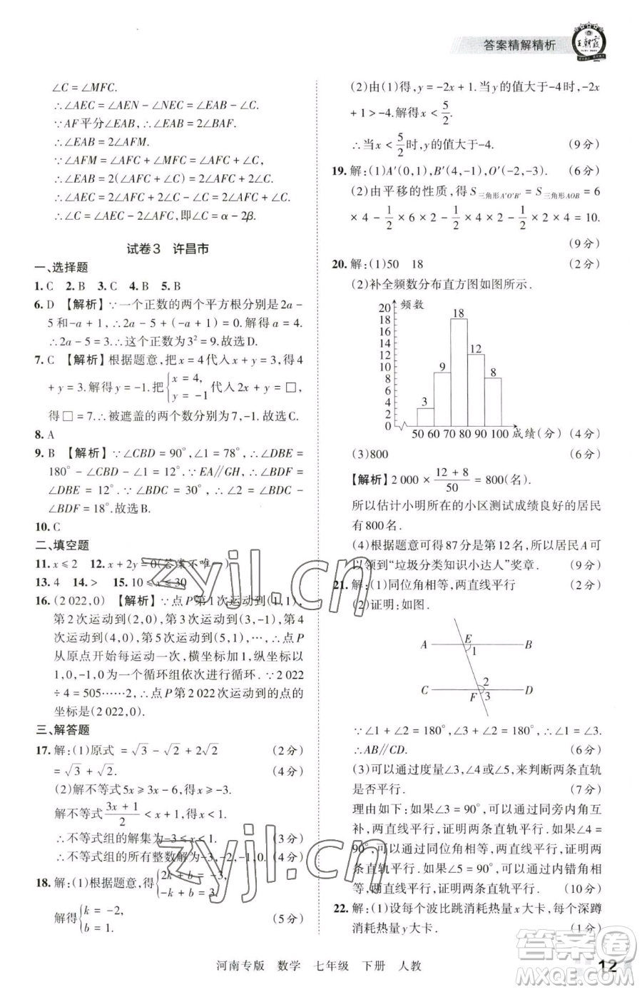 江西人民出版社2023王朝霞各地期末試卷精選七年級(jí)下冊(cè)數(shù)學(xué)人教版河南專版參考答案