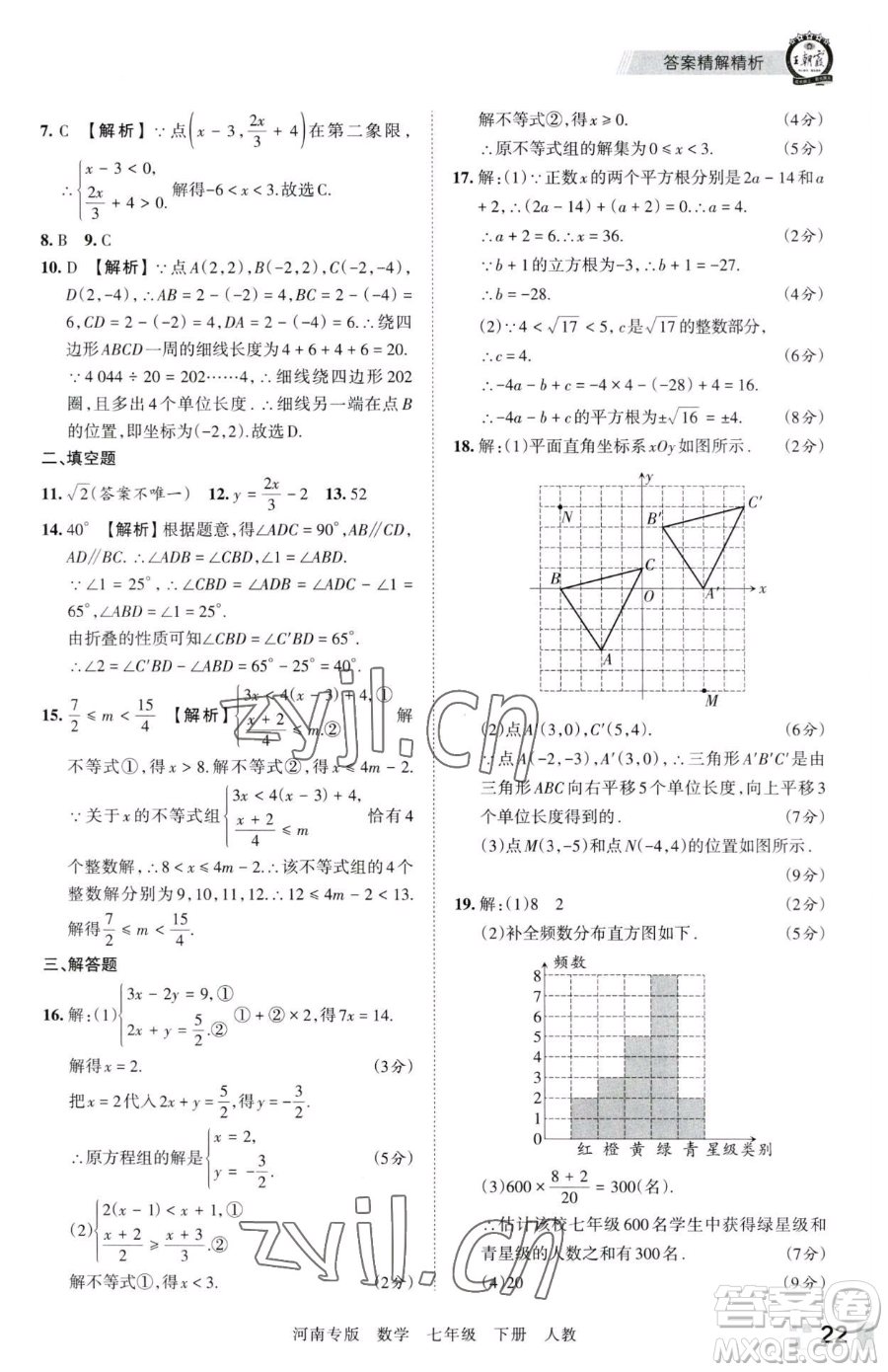 江西人民出版社2023王朝霞各地期末試卷精選七年級(jí)下冊(cè)數(shù)學(xué)人教版河南專版參考答案