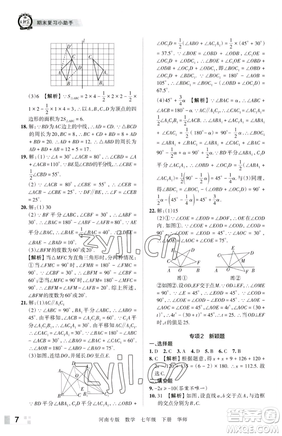 江西人民出版社2023王朝霞各地期末試卷精選七年級下冊數(shù)學華師大版南專版參考答案