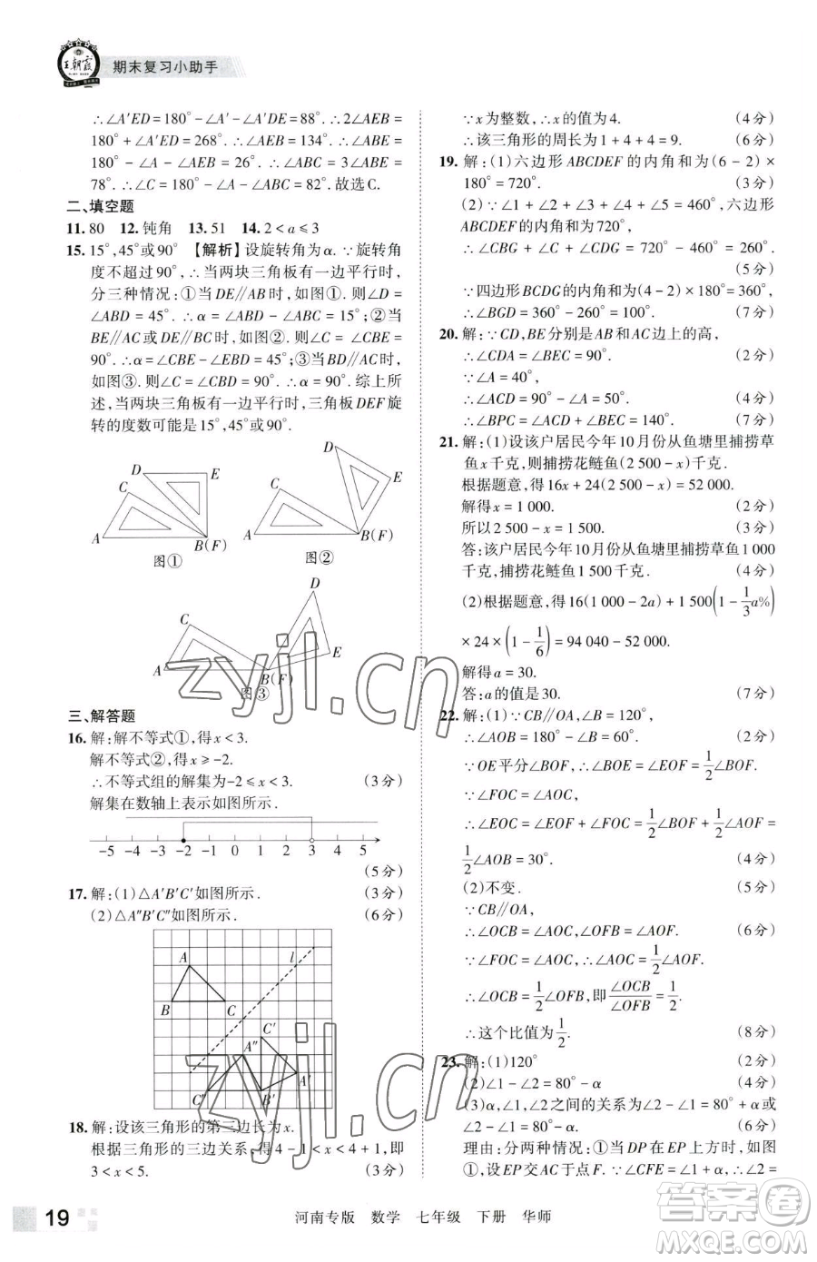 江西人民出版社2023王朝霞各地期末試卷精選七年級下冊數(shù)學華師大版南專版參考答案