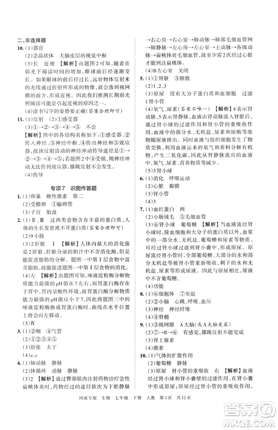江西人民出版社2023王朝霞各地期末試卷精選七年級(jí)下冊(cè)生物人教版河南專版參考答案