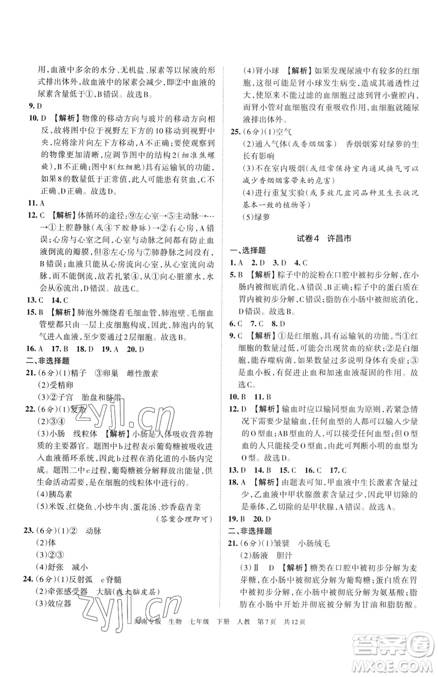 江西人民出版社2023王朝霞各地期末試卷精選七年級(jí)下冊(cè)生物人教版河南專版參考答案