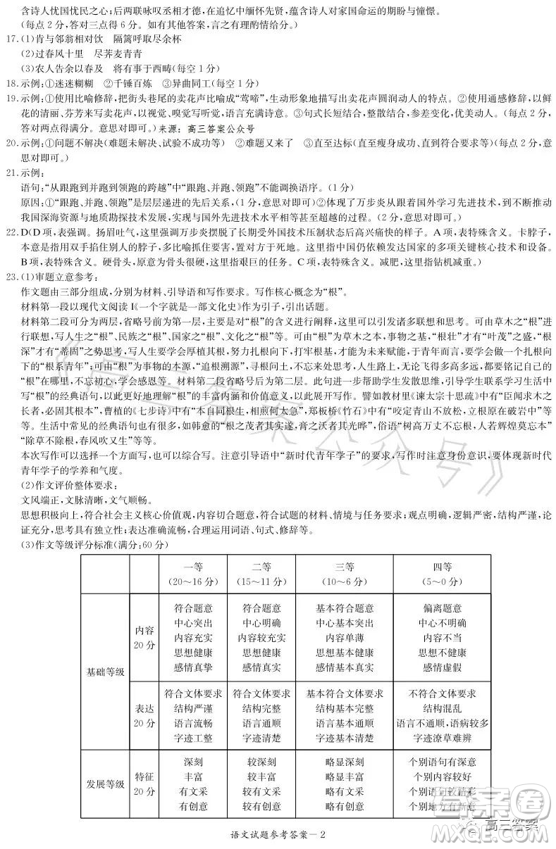 名校聯(lián)考聯(lián)合體2023年春季高二期末聯(lián)考暨新高三適應(yīng)性聯(lián)合考試語(yǔ)文試卷答案