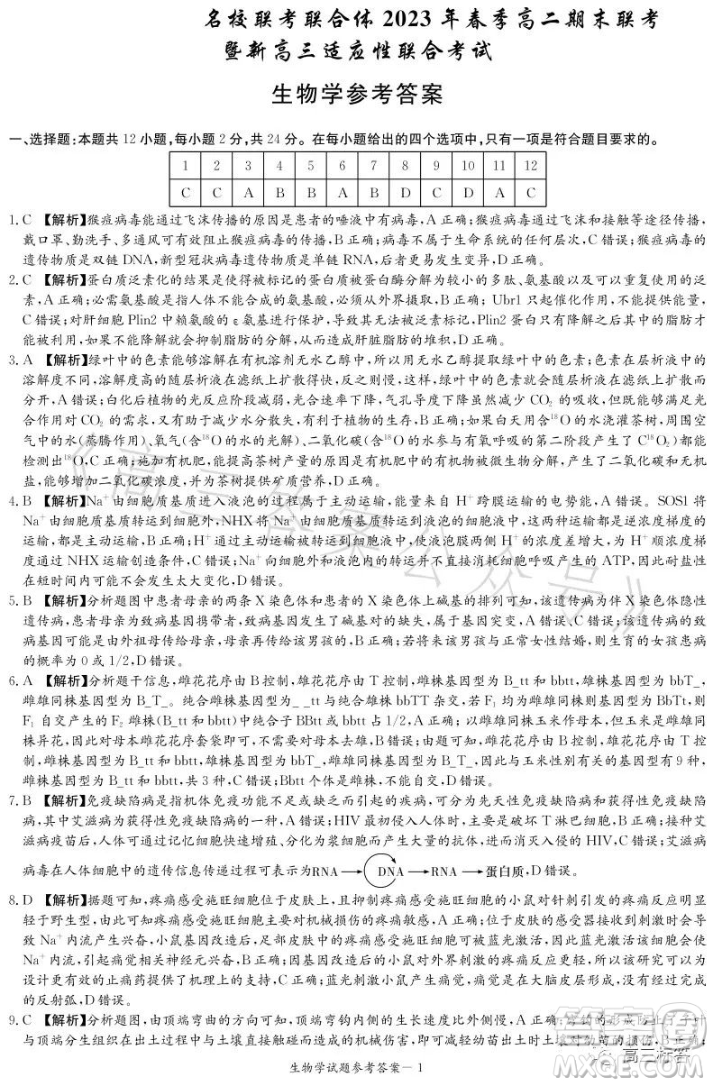 名校聯(lián)考聯(lián)合體2023年春季高二期末聯(lián)考暨新高三適應(yīng)性聯(lián)合考試生物學(xué)試卷答案