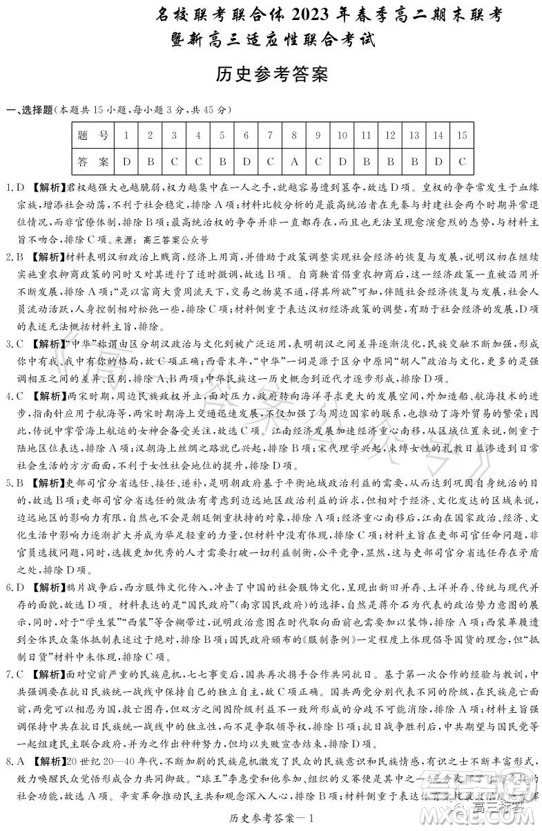 名校聯(lián)考聯(lián)合體2023年春季高二期末聯(lián)考暨新高三適應(yīng)性聯(lián)合考試歷史試卷答案