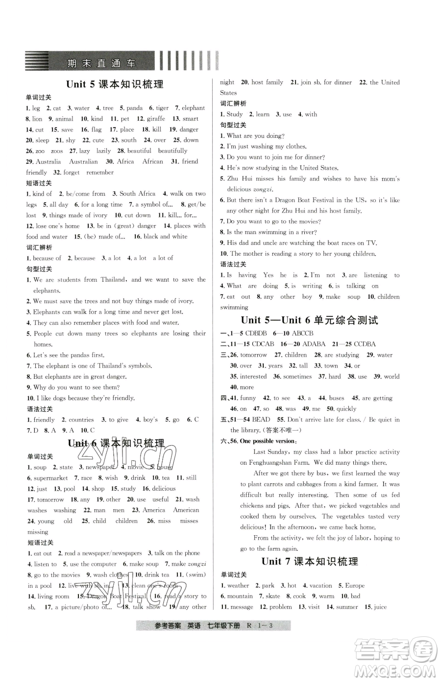 寧波出版社2023期末直通車七年級下冊英語人教版參考答案