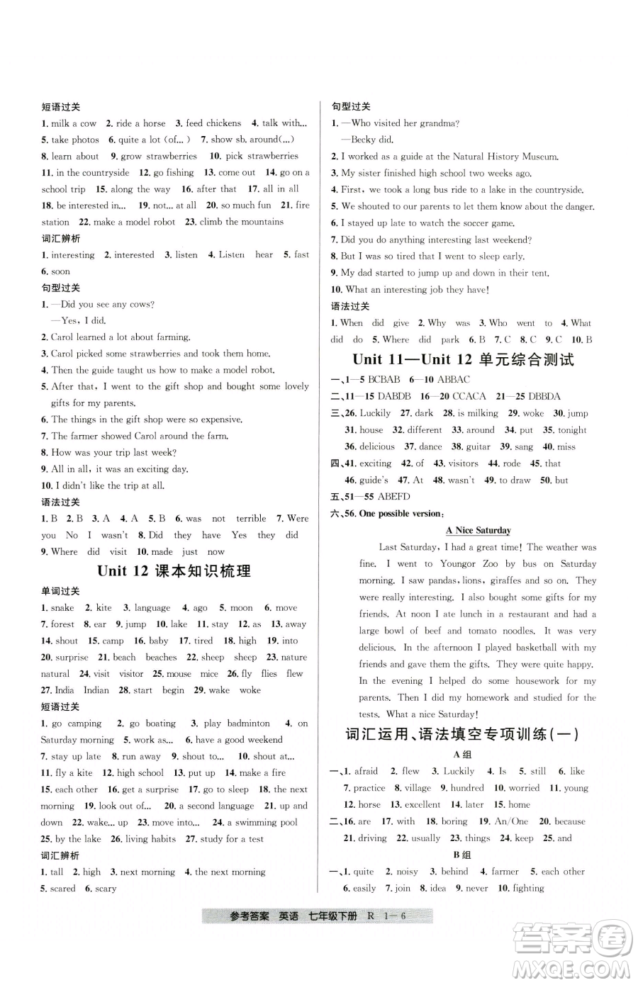 寧波出版社2023期末直通車七年級下冊英語人教版參考答案
