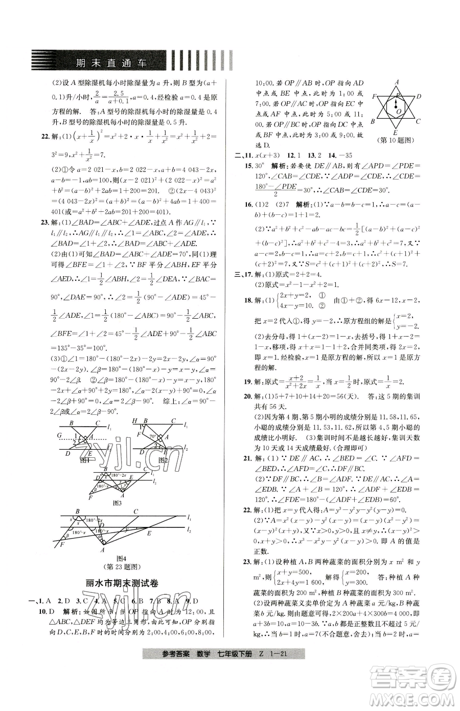 寧波出版社2023期末直通車七年級下冊數(shù)學(xué)浙教版參考答案