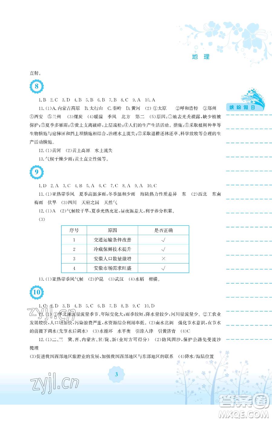 安徽教育出版社2023暑假生活八年級(jí)地理商務(wù)星球版參考答案