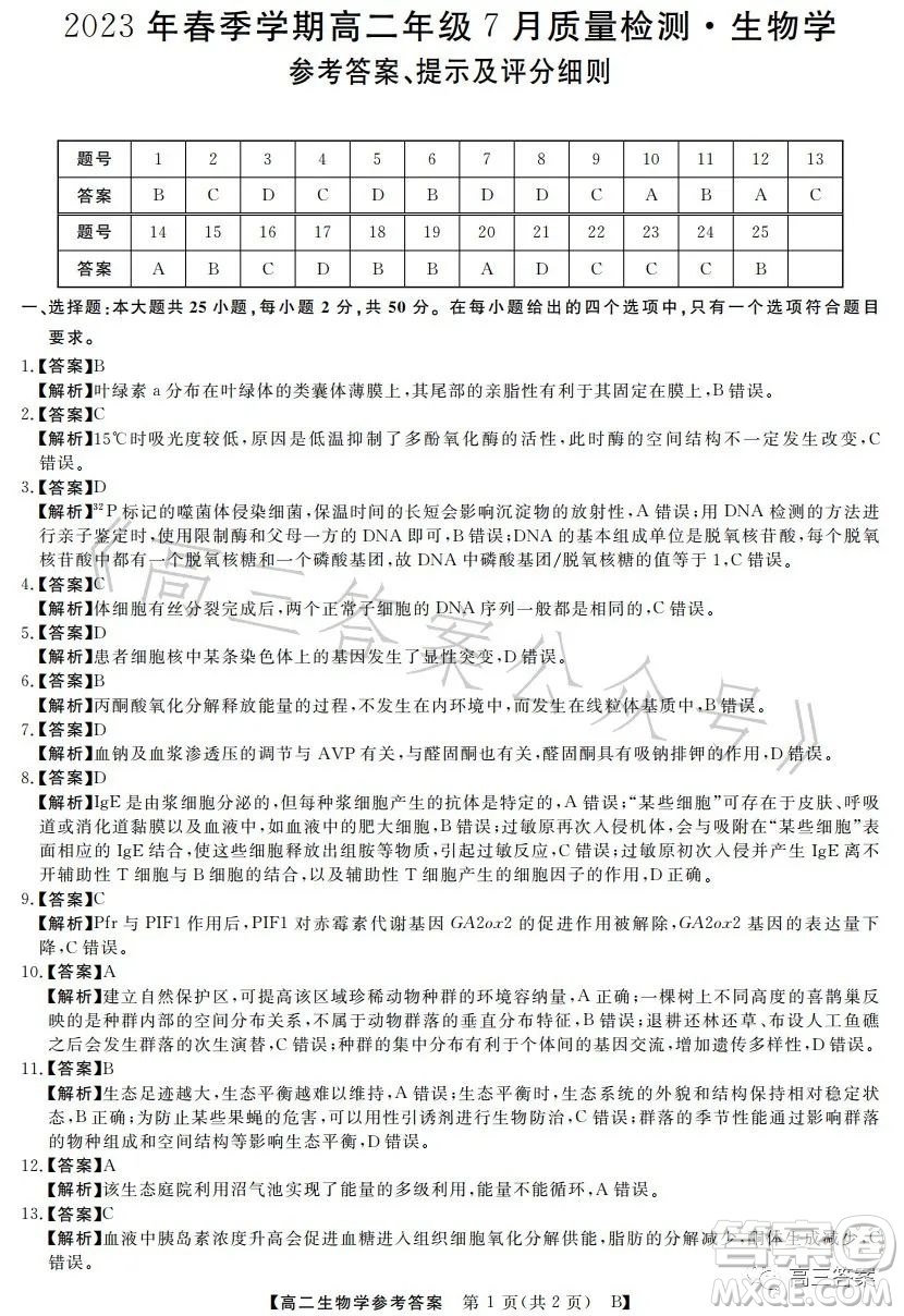 2023年春季學期高二年級7月質量檢測生物試卷答案