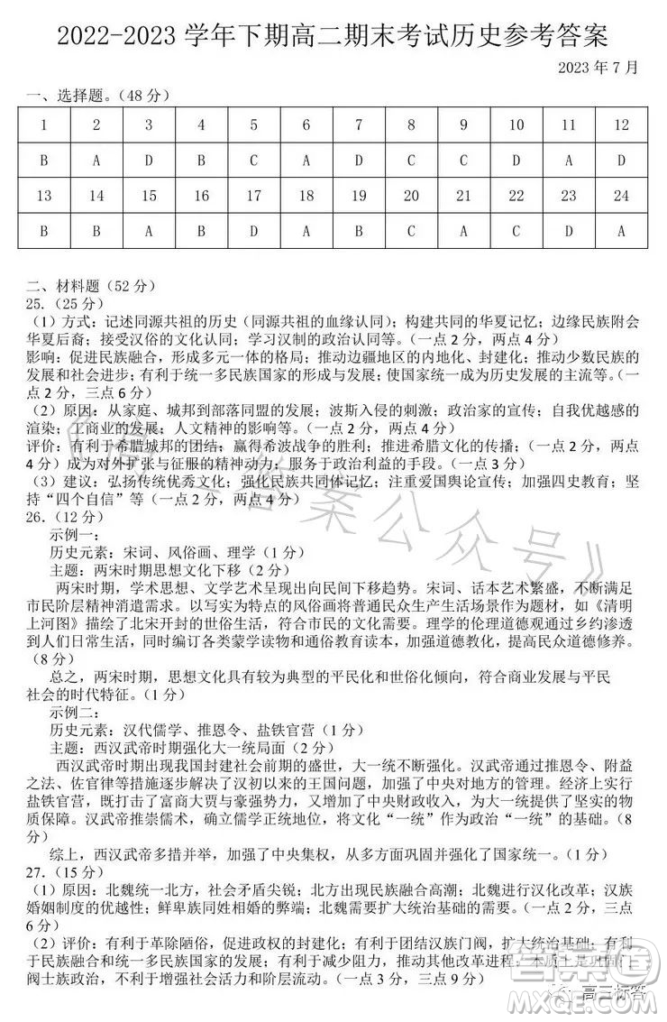 樂山市高中2024屆期末教學(xué)質(zhì)量檢測歷史試卷答案